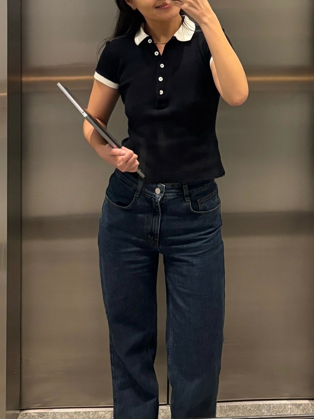 Prada Black Polo Button-Down Top with Cream Trim